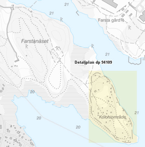 Detaljplan dp 94109: Farstanäsets kolonistugeområde i planen.