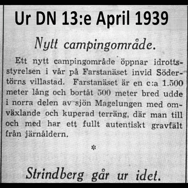 Nyhetsklipp från Dagens Nyheter om nytt campingområde på Farstanäset, 1939.